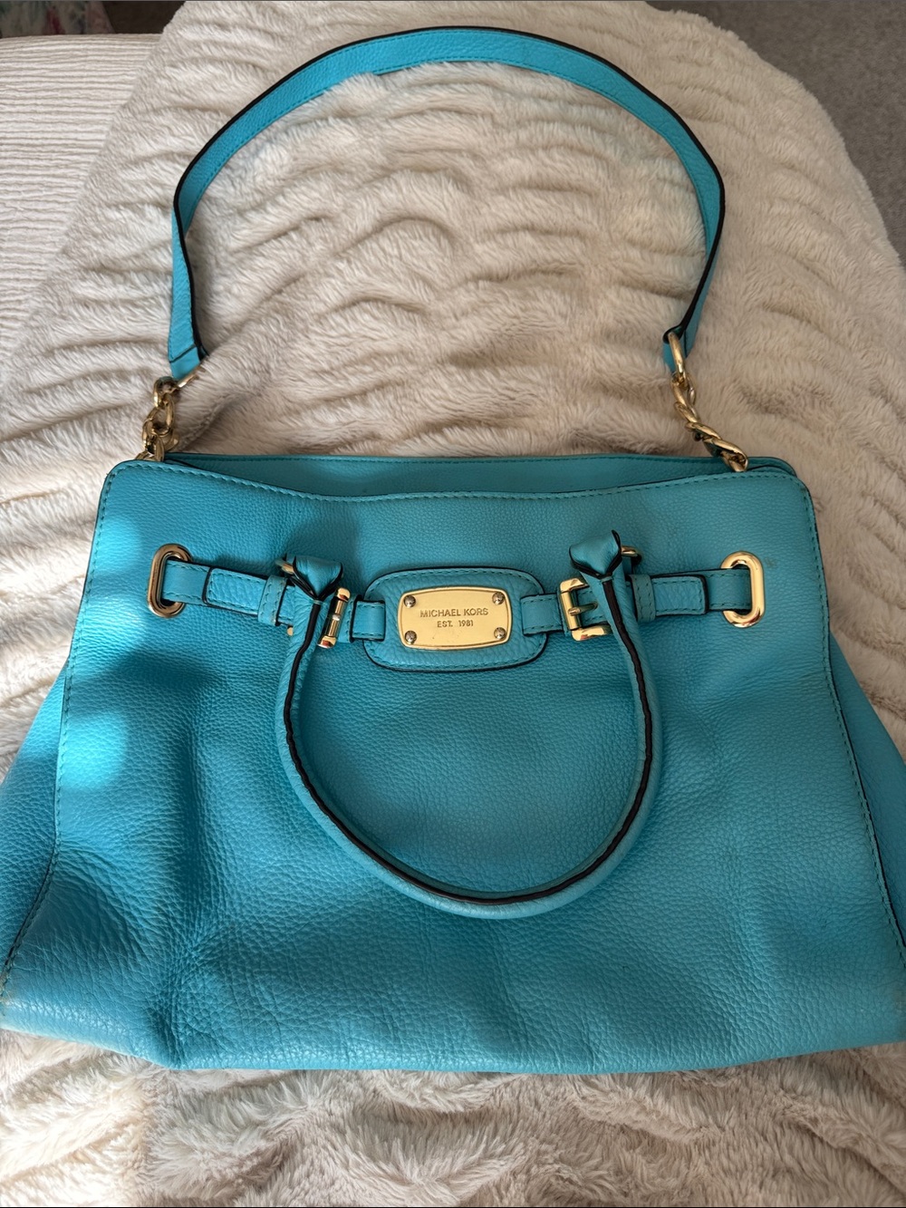 Michael Kors Turquoise Pebbled Leather Satchel with Gold Hardware